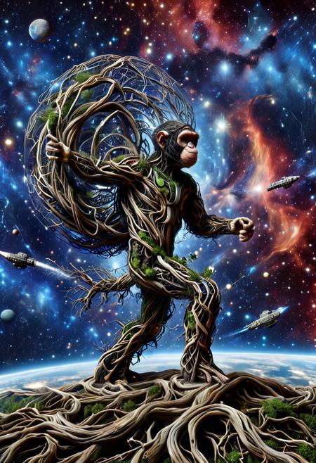 PG-TR, masterpiece, detailed, highly detailed,
masterpiece, best quality, absurdres,morph-treeroots,
An anthropomorphic chimpanzee wearing a spacesuit made of roots, floating in space, cosmic background, the scene is a surreal and slightly absurd depiction of the triumph of nature over the hubris of mankind.