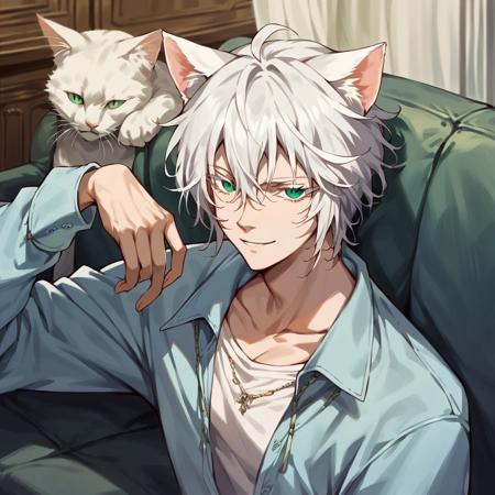 Adonis, 1boy, white hair, white eyelashes, green eyes, slit pupils, cat ears