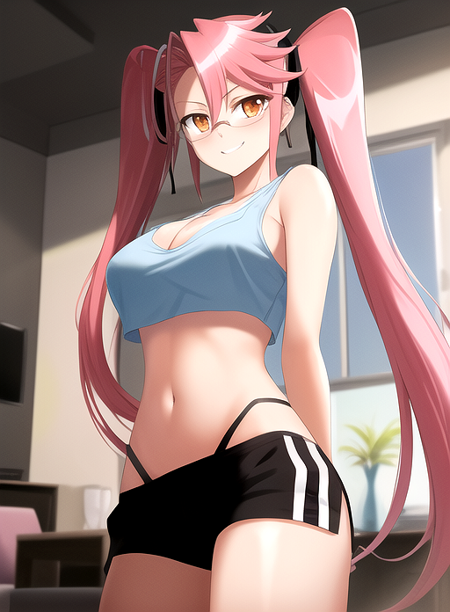 masterpiece, best quality, best aesthetic,
takagi saya, 1girl, orange eyes, long twintails, long hair, breasts, (pink hair:1.1025), bangs, hair between eyes, (large breasts:1.1576), cleavage, (blue crop top, bodice:1.21551), black boyshorts, (short shorts:1.15763), (black short:1.15763), underwear only, (glasses:1.21551), shorts, navel, closedmouth, (black ribbons:1.1025), seductive smile, solo, living room, setting, standing, looking at viewer, (front view:1.1576), cowboy shot, 8k, highschool of the dead, <lora:Saya_Takagi-10:1:MIDD>