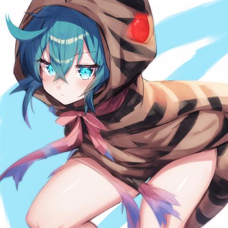 tsunsnek, 1girl, solo, hood, hoodie, snake tail, aqua hair, long sleeves, striped hoodie, striped tail, short hair, pink neck ribbon, bangs, hair between eyes, hood up, geta, blue hair, aqua eyes, bare legs, blue eyes, crossed bangs, ahoge, detailed shading, detailed ambient light