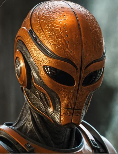An armored alien with reflective metallic skin, a single vertical eye glowing orange, and intricate engravings etched into their helmet-like face 
 <lora:detailed:1> detailed , detailed style, perfect, real,(realistic),photo realistic, photography,highly detailed,(masterpiece),(high quality),best quality,super detailed,full detail,4k,8k,realistic lighting,  norender, no anime