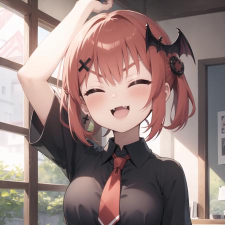 Kurumizawa, 1girl, satanichia kurumizawa mcdowell, bat hair ornament, >_<, solo, necktie, open mouth, hair ornament, fang, red hair, shirt, black shirt, arm up, smile, red necktie, closed eyes, cross, :3, :d, hair rings, upper body, inverted cross, collared shirt, indoors, xd, blush, v-shaped eyebrows, short sleeves, breasts
<lora:Kurumizawa:1>