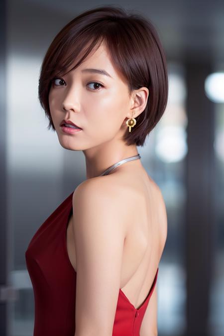 looking_back, smile,  red dress,  depth of field, night cityscape, (1girl:1.6), short hair,   ulzzang-6500v1.1, (original: 1.2), (realistic: 1.3) , beautiful girl with beautiful details, extremely detailed eyes and face, eyes with beautiful details, absurd, incredibly absurd, huge file size, ultra detail, high resolution, ultra detailed, best quality, masterpiece, illustration, ultra detailed and beautiful, ultra detailed, CG, unity, 8k wallpaper, amazing, fine Detail, masterpiece, top quality, official art, extremely detailed CG unity 8k wallpaper, cinematic lighting, (perfect shiny skin:0.6), slim and smooth lines, (floating), (small breasts:1),  earrings ,   <lora:Wangluodan_v1:0.7>