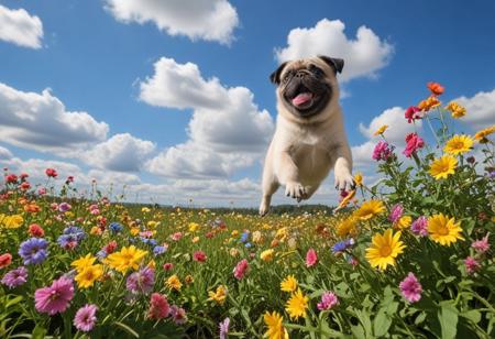 Highly detailed photograph of a pug puppy leaping through the air above a field of colorful flowers. Side view. Floppy ears, floppy tongue, big eyes, very cute, very happy, joyful. Blue sky with fluffy clouds. Bright sun, (god rays).