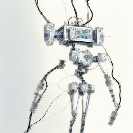 anime wires, circuitry, silicon, chips, polished steel, when robotics are not yet fully completed (ScuffedRobotics style:1) <lora:djzScuffedRobotics:0.8)