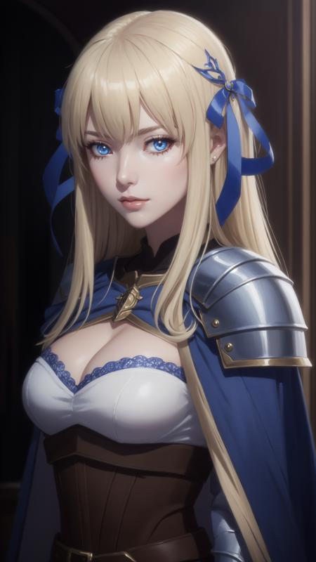 eris blonde hair, blue eyes, blue ribbon in hair, knight outfit, gray metal shoulder pauldron, blue cape