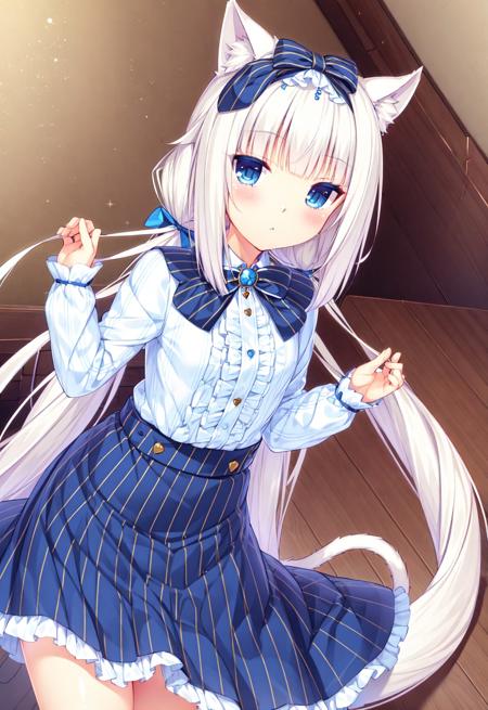 box, animal ears, cat ears, tail, long hair, blue eyes, cat tail, 1girl, twintails, looking at viewer, bow, low twintails, solo, :<, striped, hair bow, blunt bangs, bangs, white hair, skirt, blush, ribbon, slit pupils, shirt, very long hair, cat girl, frills, blue bow, long sleeves, vertical-striped skirt, bowtie, striped skirt, center frills, hair ribbon, blue skirt, (masterpiece,best quality)