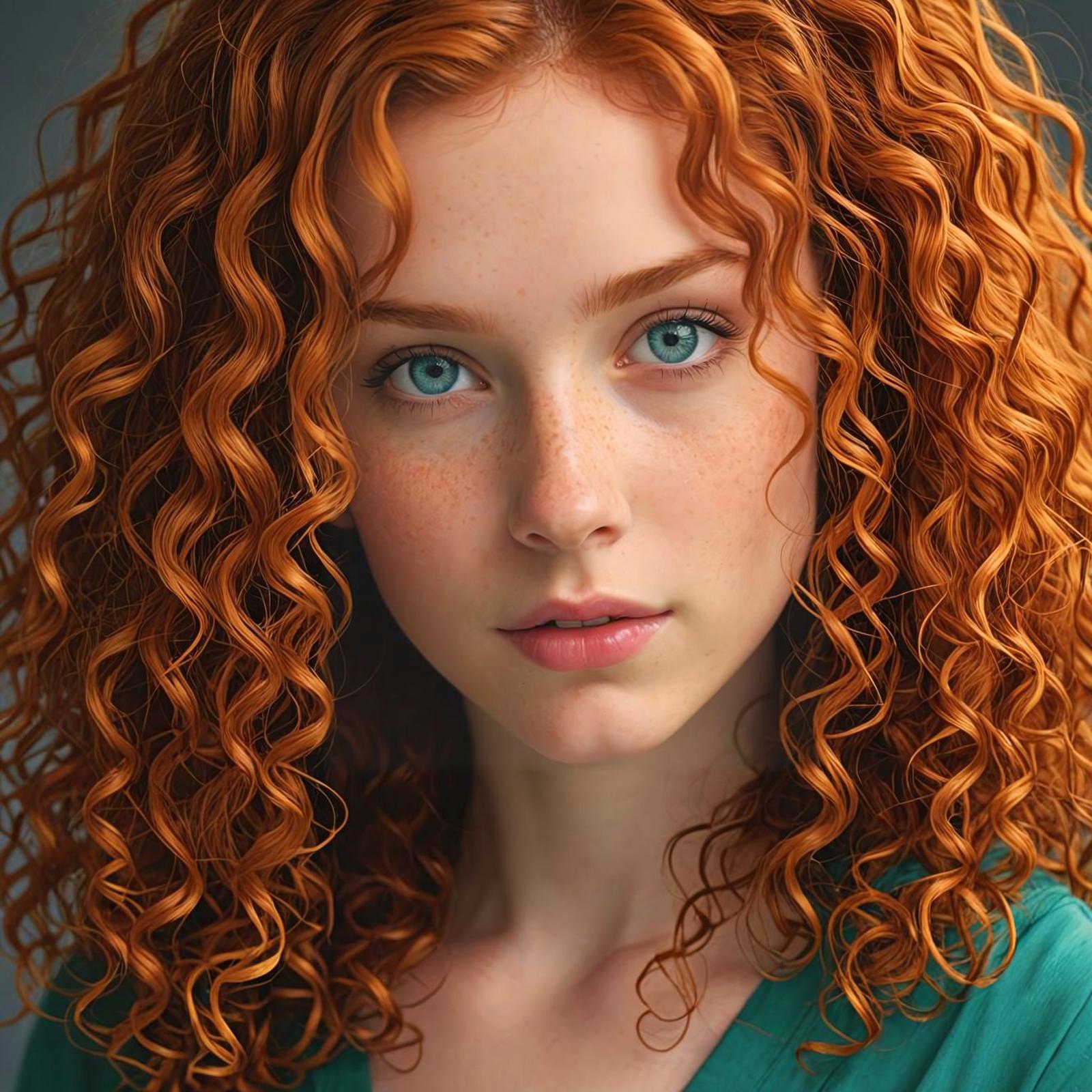 A close-up of a woman with long red curly hair and blue eyes.