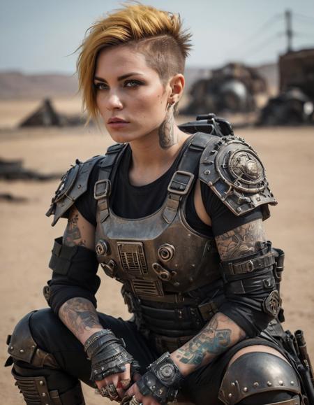 (close shot, zoomed in upper body portrait:1.3) (Post-Apocalyptic style:1.5) dystopian wasteland photo of a pondering, (closed mouth:1.5) flirty stunning muscular 30 year old (Georgian:1.5) (emo:1.3) woman with short golden hair, amber eyes, (small breasts:1.3), big ass, (pores:0.3), (goosebumps:0.5), (film grain:0.7), (tattoos:1.5).
She is wearing a Post-Apocalyptic (jury-rigged makeshift armor, combat boots:1.1). 
She is suggestively crouching facing away from camera, at a (Post-Apocalyptic:1.3) desert, noon.
detailed skin texture, detailed cloth texture, detailed face, (intricate sharp details:1.5), ultra high res