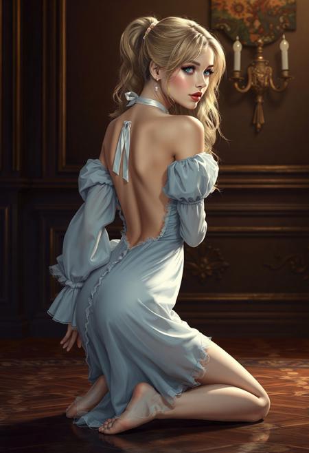 A digital illustration shoot from a profile camera angle about a sensual portrait of a woman with long, wavy blonde hair and blue eyes, dressed in a revealing, light-colored dress with puffy sleeves and a white choker, showcasing her back and lower body. the image also shows a soft, warm lighting that highlights her curves and the intricate details of her outfit. on the middle of the image, a 20 years old woman, who appears to be in her early twenties, with light skin, is kneeling on the floor with her back to the viewer, looking over her shoulder with a seductive expression. she has a slender physique and is wearing a light blue and white dress with frilly details, including a white ribbon in her hair and a pair of earrings. her hair is styled in a long, flowing ponytail, and she has blue eyes that are looking to the side. the background is a dark, ornate room with a dark brown wall and gold accents, creating a luxurious and elegant atmosphere. the overall style is realistic with a touch of fantasy, and the lighting is soft and warm, casting gentle shadows that accentuate her curves.