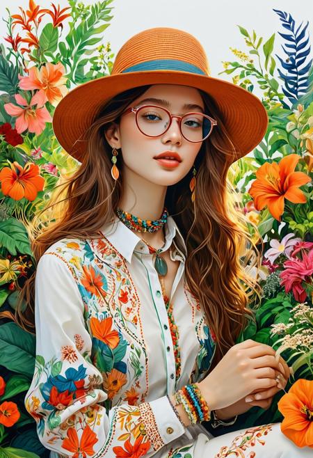 A captivating vibrant illustration features a young woman with long, wavy hair, donning round glasses and a wide-brimmed hat. Her choker necklace and multiple bracelets adorn her wrist, showcasing her fashionable style. The minimalist drawing emphasizes her stylish attire and the serene artistic atmosphere, further enhanced by the intricate floral patterns. The composition, with the woman seated amidst a variety of flowers and plants, exudes a vibrant and harmonious energy.