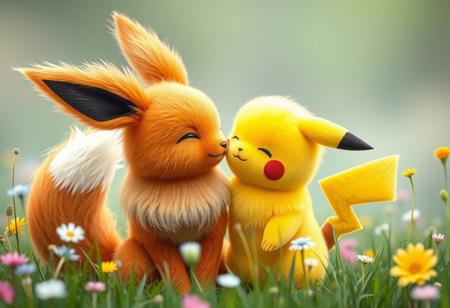feral eevee kissing a feral pikachu in a serene meadow, photorealistic, absurdres, fluffy fur