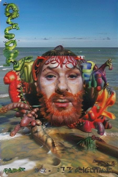 Weirdcore upper body and face of <ffurian> male man on turkish beach,  (face portrait 1.6) (vegetables floating 1.5) happy emotions, 90VHS, (ffurian man with beard 1.1) (ffurian turkish clothing 1.2) (y2k aesthetic 0.8), ms paint style <lora:ms-paint-lora:1> (kebab food 1.2),  <lora:y2kaesthetic:0.7>, half0ster, organic sculptures,