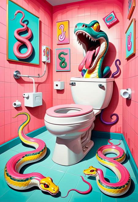 Subject: surrealist depiction of snakes inside a candy-colored, cartoonishly exaggerated toilet, Style: bright and whimsical pop surrealism, Composition: coiled snakes with oversized, playful expressions interacting with a toilet decorated with neon graffiti, Lighting: vibrant, multicolored lighting with glowing elements, Palette: electric pinks, bright greens, teals, and purples, Technique: hyper-smooth rendering with acrylic paint-like textures, Mood: tongue-in-cheek humor mixed with an odd sense of harmony, Details: snakes wearing tiny hats or accessories, toilet with comically oversized plumbing and swirling psychedelic patterns, Perspective: slightly fisheye to distort proportions and add dynamism.
Sinoink
