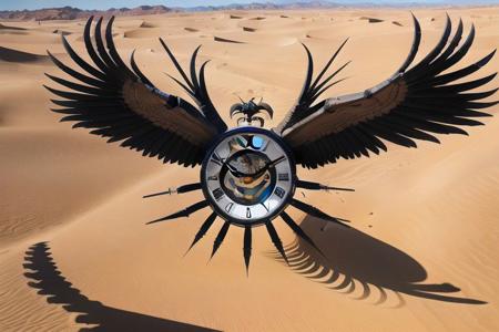 Clock with wings and talons in desert, flying up off the ground, unsupported