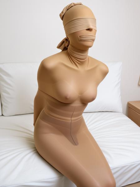 (nylencased:1.5), body stocking, (encasement, encased:1.3), mummified \(bound\), arms behind back, (black cocoon, pantyhose), legs together, bondage, faceless female, (faceless),