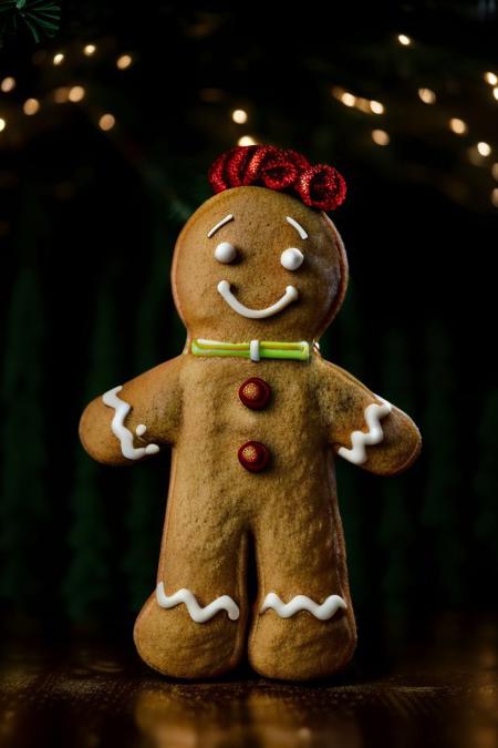 Gingerbread_Man, food, cookie, food focus, no humans, an extremely gritty detailed HD 8K photograph of a gingerbread ban and woman wearing very festive cookie clothing dancing on the table in front of a beautifully decorated pine Christmas tree, detailerlora, beautiful subtle very soft yellow lights