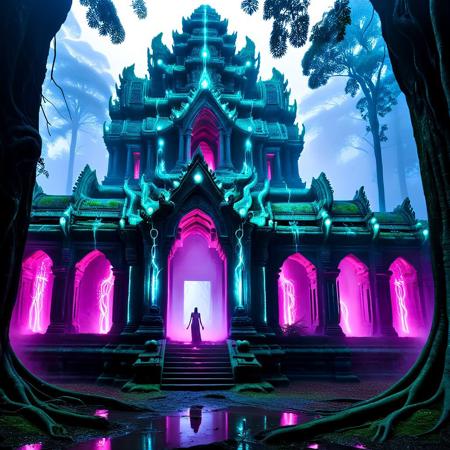 Angkor Wat reimagined as a vast, dystopian biopunk temple complex. Ancient stone towers are fused with biomechanical growths, organic sinewy cables, and tangled roots that glow with eerie neon veins of aquamarine and purple. Massive stone faces are partially transformed with cybernetic circuits etched into their features, illuminated with bioluminescent patterns. The temple walls are cracked and overgrown with biomechanical trees, their trunks pulsing with glowing liquid. Strange pink and blue neon lights outline the temple entrances, casting an ominous glow on the mossy ruins. The atmosphere is dark and foggy, with scattered sparks, misty steam vents, and a jungle overrun by technology and organic mutation. Ultra-detailed, hyper-realistic, cinematic lighting, and a haunting, otherworldly mood.