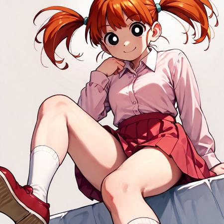 NeneSC, 1girl, orange hair, pigtails, black eyes white-collared long-sleeved pink shirt fuchsia skirt yellow skirt white-collared long-sleeved pink dress socks red shoes <lora:NeneSC:1>