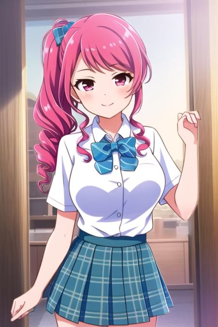 masterpiece, best quality, ameyaerika, pink hair, drill hair, side ponytail, hair bow, long hair, pink eyes, breasts, white shirt, short sleeves, blue bowtie, blue skirt, pleated skirt, plaid skirt, school uniform, smile.