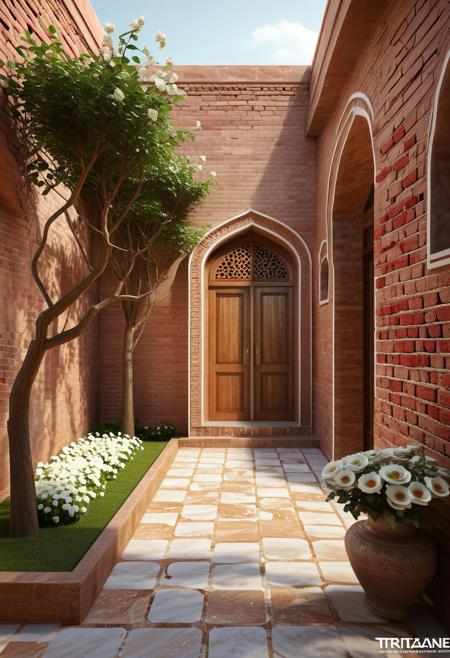 Exterior space, Persian house, tree and greenery, vase with white and red flowers, cinematic, high detail, traditional space, brick wall combined with clay, wooden doors of traditional Iranian house, brick arch, realistic, rendering octane, volumetric, design Beautiful and pleasant