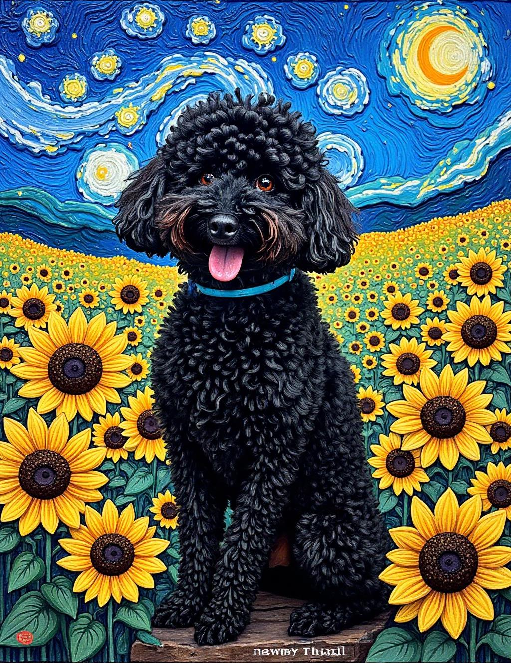 aidmaMJ6.1,A stunning Van Gogh-inspired masterpiece featuring the black Goldendoodle immersed in a field of vibrant sunflowers, their curly fur painted with the artist's signature swirling brushstrokes. Their black coat is rendered in dynamic impasto techniques with deep blues, purples, and touches of starlight, creating a mesmerizing contrast against the golden sunflowers. The flowers surge around them in typical Van Gogh fashion - bold, energetic, and alive with movement, their petals reaching toward an azure sky swirled with white clouds.,dolby_hk