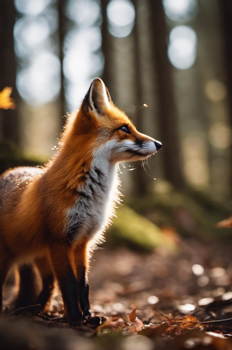A close-up of a fox in the woods.