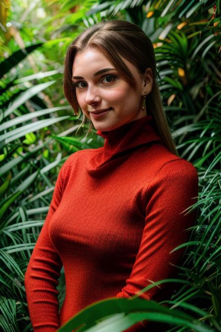 a stunning young woman in a stunning red turtleneck dress, in a jungle paradise, cinematic lighting, (stunning eyes, extreme close up), [smiling:0.5], perfect face, no makeup, raw, 8k uhd, <lora:emilyVanCamp:1>