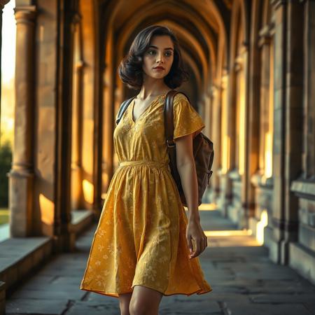 Suzi, a petite and graceful college student with pale blue eyes and a soft oval face, walks thoughtfully through the ancient stone halls of an old English university on a warm summer day. Her dark brown hair is styled in voluminous vintage waves, tucked just below the chin, with a soft shine and 1940s glamour. She wears a yellow sundress with a delicate floral print that flutters slightly as she walks. A worn brown leather backpack is slung over one shoulder. Sunlight streams through the tall arched windows along the corridor, casting warm golden tones and soft shadows across the stone floors and her dress. The scene captures a timeless academic elegance with cinematic depth and photorealistic beauty.
Suzi, illustrious model, 1940s wavy bob, vintage hairstyle, yellow floral sundress, Mary Jane shoes, white socks, leather backpack, gothic architecture, Oxford hallway, soft golden light, academic summer vibe, photorealistic, cinematic, warm tones, elegant lighting, 3/4 body, thighs up body