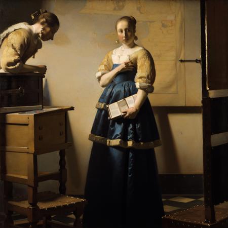 vermeer style, a painting of a woman standing <lora:vermeer-000007:0.8>