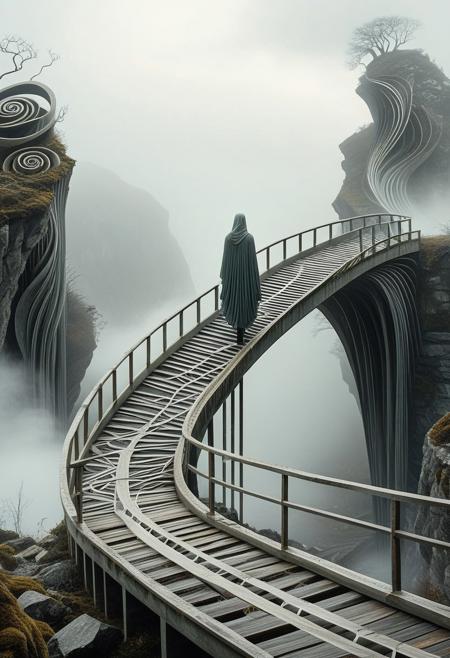 RetroBG,
Against a backdrop of faded grays and drifting fog, a determined figure walks over a precarious bridge made of torn fabric bands spiraling upward from the abyss., figurative art, organic forms, mystical themes, muted color palette, raw textures, human-animal hybrids, spiritual symbolism, natural elements, vulnerable figures, sculptural influence, feminist themes, narrative depth, haunting atmosphere, mythical realism