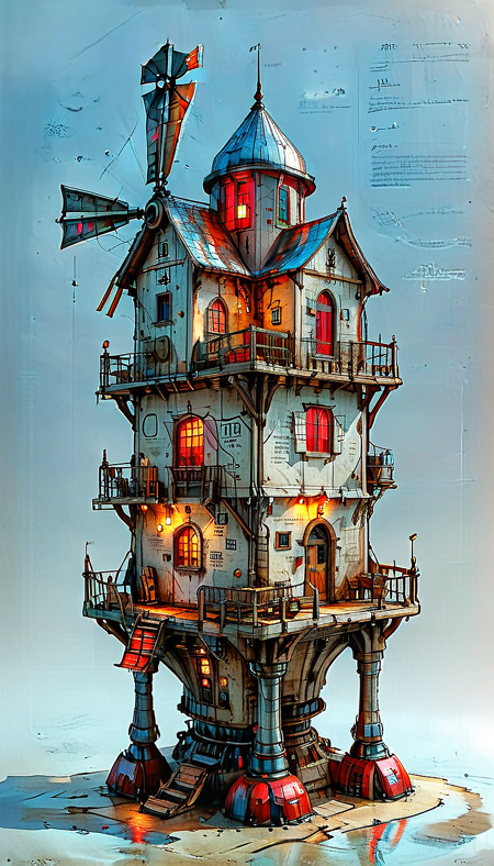 (cel-shading:2)+, (in ARTIST style:1.6), (masterpiece:1.7), night, glow neon, hyperrealism, glossy, shinny, clear image, accurate picture, clear picture, precise image, focused image,
An illustrated medieval old worn page of (Windmill, night, science fiction, standing, Walking vehicle, red paint), made with ingredients including: (mechanical legs, antenna, parts, wires), text is Old English and Gothic, parchment page, intricate details, muted colors, high resolution, best quality, fantasy vibe (ultra sharp focus:2), (detailed windows:2), (thin lines:2), (best quality:1.8),
<lora:MJ52:0.8> <lora:ParchartXL_CODA:1>,
<lora:add-detail-xl:1> (ultra sharp focus:1.8), (detailed skin:1.8), (thin lines:1.8), (best quality:1.8),
<lora:Apparatus_-_Traction_City_Walkers_Vehicles:0.7>, <lora:Someplastic_b:0.6>,
<lora:glowneon_xl_v1:0.6>