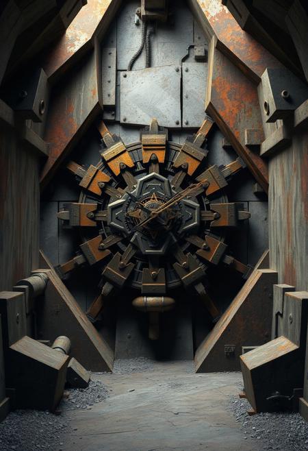 clock, underground bunker, rusted brutal aesthetic, raw, angular geometric forms, sharp and jagged concrete walls, fragmented steel beams, interlocking polygonal patterns in the structure, brutal edges, primal aesthetic, exaggerated geometric clock design, recursive shapes in the mechanical gears, infinite geometry in the clockwork, intricate fractal structures in rusted metal, multichromatic oxides, saturated hues of corroded materials, stark industrial lighting, dystopian vibe, sculptural appearance, unsettling, high resolution, photorealism, (overloaded multichromatic oxides:1.6), (emphasis on sharp rusted geometric clock and bunker forms:1.6), minimal details, intersecting planes of concrete and rusted steel, fractured geometry in the bunker walls, rigid structure, (blurry:-1.2), (ugly:-1.3), (cartoonish:-1.1), (smooth surfaces:-1.4), (polished:-1.3), (low quality:-1.2), (overly ornate:-1.5), (disjointed anatomy:-1.3), (soft lighting:-1.2), (noisy:-1.1), (bad composition:-1.3)