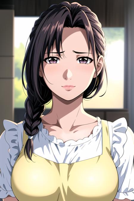 Simple White Background,
puffy_short_sleeves,White_shirt,yellow_apron ,
<lora:MisakoAmamiya-V1:0.75>,housewife,
Black_hair,Brown_eyes,single_braid,Bangs,
<lora:Oda_Non_Style-KK77-V2:0.2>,<lora:more_details:0.1>,
1 girl, 20yo,Young female,Beautiful Finger,Beautiful long legs,Beautiful body,
Beautiful Nose,Beautiful character design, perfect eyes, perfect face,expressive eyes,perfect balance,
looking at viewer,(Focus on her face),closed mouth, (innocent_big_eyes:1.0),(Light_Smile:0.5),
official art,extremely detailed CG unity 8k wallpaper, perfect lighting,Colorful, Bright_Front_face_Lighting,White skin,
(masterpiece:1.0),(best_quality:1.0), ultra high res,4K,ultra-detailed,
photography, 8K, HDR, highres, absurdres:1.2, Kodak portra 400, film grain, 
blurry background, bokeh:1.2, lens flare, (vibrant_color:1.2),professional photograph,
(Beautiful,large_Breasts:1.4), (beautiful_face:1.5),(narrow_waist),