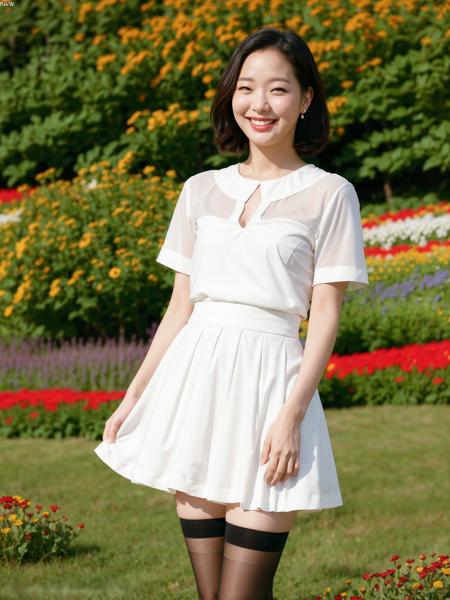 KGEun, wearing a short white skirt and black stockings, standing in a flower field smiling, (8k, RAW photo, best quality, masterpiece:1.2), (realistic, photo-realistic:1.37), professional lighting, photon mapping, radiosity, physically-based rendering  <lora:KGEun2:0.7>