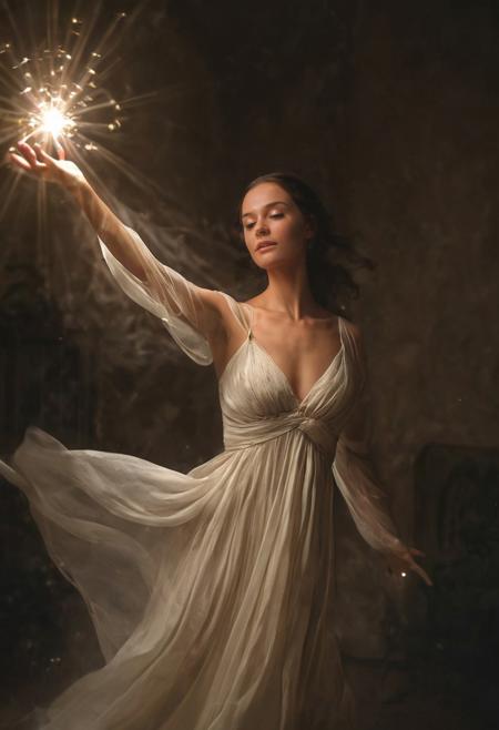 Beauty photography of a woman in a flowing empire dress, elegant and poised. Upper body framing, focused on her hands. She casts a spell, glowing tendrils of magic extending from her fingertips, swirling in the air. Light sparkles around her hands, soft arcs of energy. Background: darkened, faint shadows of a grand manor. Lighting: soft diffused lighting on her face, focused rim lighting illuminating the magic, casting faint reflections across her dress. Camera: eye-level, close-up shot, Canon EOS 5D, 85mm lens, high resolution, fine detail on the magic