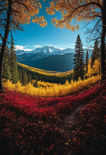a photograph of a beautiful, colorful forest in the fall. The colors are rich and varied, from the deep red of the trees in the foreground, to the golden yellow of the trees in the middle ground, to the green of the trees in the background. The mountain range in the background is snow-capped and adds to the overall sense of beauty and grandeur. The trees in the foreground stand tall and proud, their leaves shimmering in the sunlight. The image is a feast for the eyes and captures the beauty of nature in all its glory. It evokes a sense of peace and tranquility, and is sure to bring a smile to anyone's face,
BREAK,
masterpiece, best quality, double exposure, realistic, whimsical, fantastic, intricate detailed, maximalist style, psychedelic, photorealistic, sharp focus, harmony, serenity, tranquility, halation, cozy ambient lighting, dynamic lighting, mentixis, metix, linquivera, liiv1, award winning,