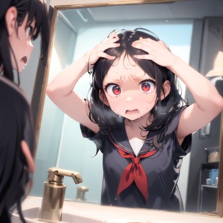 absurdres, higres, ultra detailed, face focus, solo, washroom, indoors, upper body, 
1girl, forehead, hawawa, open mouth, !?, (hands on own head:1.2), surprised, red eyes, black serafuku, looking at mirror,
cinematic lighting, depth of field, HDR, ray tracing, perfect hands, 
<lora:envybetterhandsLocon_beta2:1> <lora:mayunashi_22222_8:2><lora:maro_eyebrows_22222_8:0> <lora:hawawa:1>