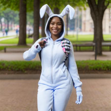 a woman walking in a park, (full body) <lora:Bunny BrawlerLunaLoRA:1> luna, dressed, bunny, with, ears, and, mask, big smile, beautiful eyes, beautiful girl, high detail skin, high detail eyes, high detail hair, highres, ultra detailed, horny smile, Highly detailed,masterpiece, best quality