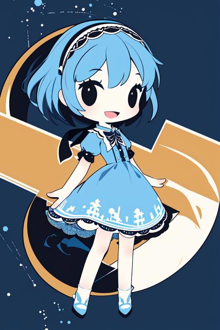 <lora:cobalta:1>1girl, blue hair, chibi, dress, solo, open mouth, smile, hairband, blue dress, flat color, looking at viewer, short sleeves, black eyes, no lineart, short hair, :d