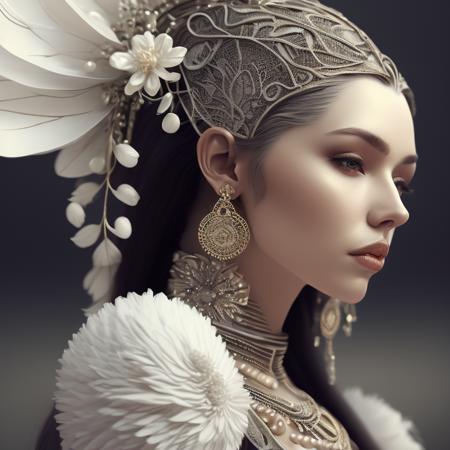 Complex 3 d render of a  beautiful fascinating biomechanical woman with a porcelain face, analog, beautiful natural light, rim light, 1 5 0 mm lens, aztec warrior, feathers, piercing, aztec tattoos, white blossoms, vanilla leaves and stems, sinuous roots, white blossoms, fine foliage lace, steampunk, silver gold filigree details, alexander mcqueen high fashion haute couture, pearl earring, art nouveau fashion embroidered, hexagonal mesh wire, mandelbrot fractal, facial muscles, cable wires, microchip, elegant, beautiful natural light, studio lights, rim light, highly detailed, hyperrealistic, sharp, octane render, h. r. giger style, volumetric lighting, 8 k post production