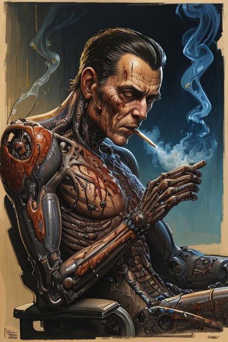 goopy vincent di fate norman rockwell portrait of a man smoking a cigarette highly visceral viscera gory gore technology cyborg augmentations biopunk biomechanical