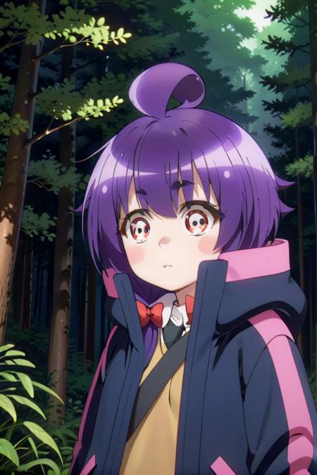 yayoi_hozuki short purple hair with bangs red eyes long sleeved jacket 