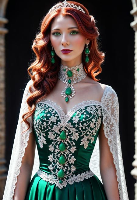 Obsidian Jade Style, Realism_Quality_2xx_By_Stable_Yogi, (masterpiece), (illustration), (castle), (pale skin), (grace lady), jewelry-tiara, //ruby_deep-orange hair, long_wavy hair//, //shiny-green eyes//, nose, (shiny lip), closed mouth, (huge breasts:0.8), //gray long lace dress//, //white garter, elbow gloves, royal_cape//, looking at viewer, standing, close-up, <lora:conceptSceneryScene_v10:0.7>, add-detail-xl, <lora:add_detail:1>, coralbugXL, <lora:coralbugXL:1.4>, deepdarkocean,  censored, puffy sleeves, closed dress, beautiful high-neck top, fully dressed, <lora:NadineXL:1>, <lora:AzaleaXL2:1>, AzaleaXL2, NadineXL, bandit.