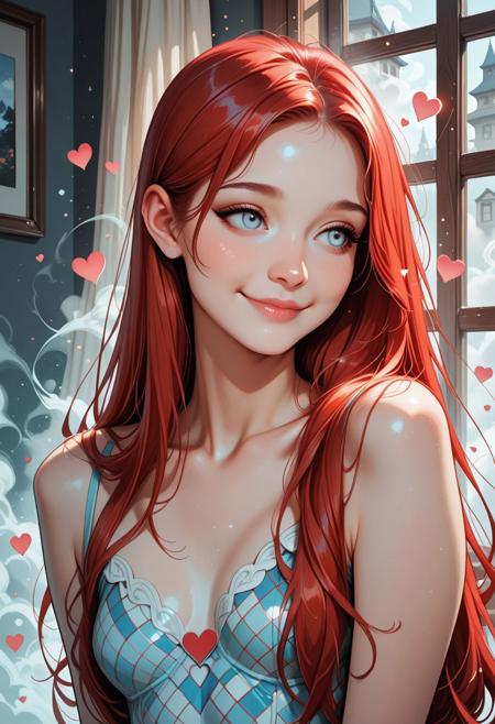 masterpiece, best quality, 32k, high resolution, absurdres, HD32k, 1girl solo, Joana free, Joana, long straight hair, light blue eyes, slim, red hair, small breasts, shy smile, peaceful,composed, depicted, pop_art, halftone_patterns, parted bangs, matt_skin, squares, splash_art, splattered_frame_border, dreamy_look, curious, joy, solo, serene expression, squares, fog, window, dreamlike, front_particles, fairytale_landscape hrtdrp, Hearts Drips,