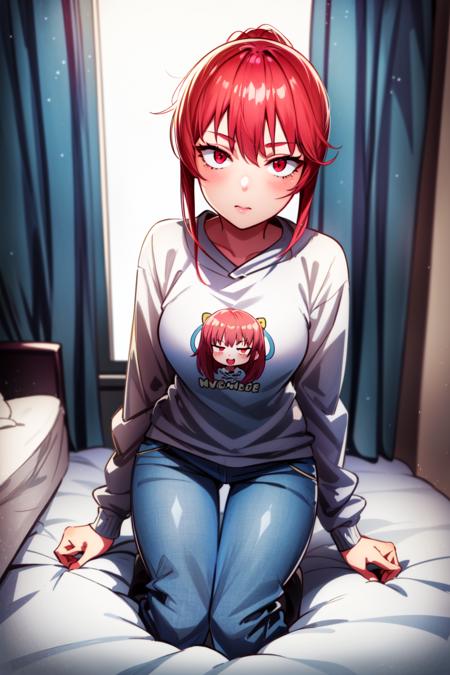 (best quality:1.2), 1girl, (masterpiece:1.2), raytracing, cute face, perfect face, ultra detailed,detailed face, 8k wallpaper, (wide hips:0.8), <lora:more_details:0.5>, KobayashiDragonMaid_NDV, 1girl, red hair, small breasts, ponytail, red eyes, sweatshirt, pants, <lora:KobayashiDragonMaid_NDV:0.7>, indoor, bed, after sleep, kneeling