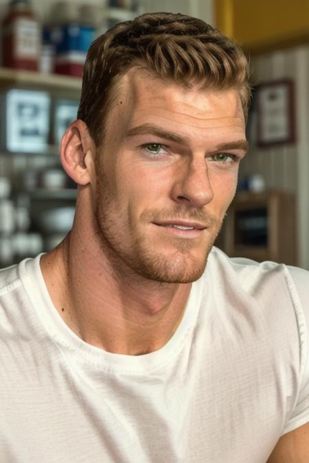 a tall muscular man, in a country diner, white tee shirt, (close up, head shot), [smiling]:0.5, candid, amateur, (raw, 8k, uhd, fujifilm xt3), sharp, warm cinematic lighting, <lora:alanRitchson:1>