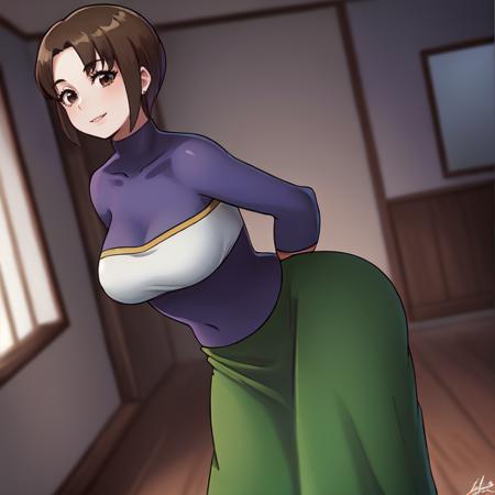 haruka_hikari, mature female, brown hair, brown eyes, short hair, green skirt, long skirt, purple shirt, long sleeves