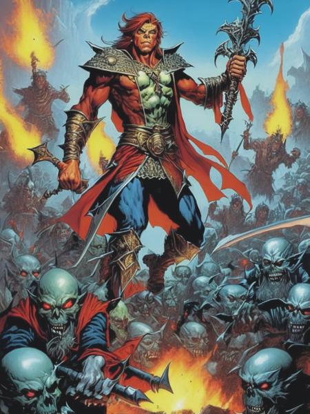 <lyco:MarcSilvestri:1.0> Goblin necromancer raising a horde of undead with his magic, in the art style of Clyde Caldwell, in the art style of Larry Elmore, in the art style of Jeff Easley, in the art style of Keith Parkinson, in the art style of Daniel R Horne