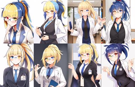 masterpiece, best quality, paisonchan, 1girl, solo, heterochromia, yellow eye, blue eye, multicolored hair, (split-color hair:1.4), blue hair, (blonde hair:0.80), blunt bangs, ponytail, glasses, labcoat, necktie, office lady,  <lora:paison-chan_1800-step_20-epoch:0.9>